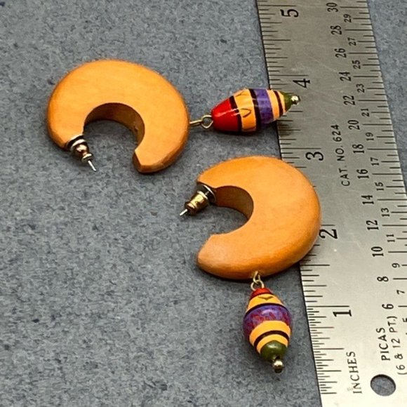 Hoop Dangle Pierced Earrings Exotic Wood Painted Brown Red Black Yellow Purple - Picture 6 of 6